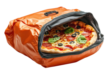 Delicious pepperoni pizza in an orange insulated pizza bag perfect for on transparent background