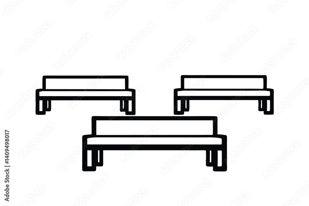 Poster minimalist bench line art illustration featuring three benches in a row vector style with white back