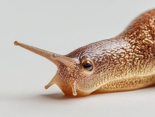 macro photo of a brown slug with glistening skin, isolated on pale beige background, studio lighting, natural texture