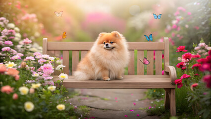 Pomeranian resting on a bench, surrounded by flowers and butterflies