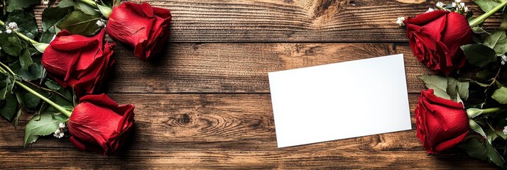 Romantic Red Roses and Blank Card on Rustic Wooden Background