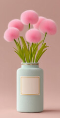 pink fluffy flowers in a light blue jar with a blank label