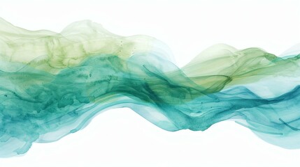 Ethereal Watercolor Waves Abstract Painting in Emerald Green and Teal - Delicate Transparency and Flowing Movement