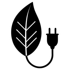 Green Energy Leaf with Plug Electric Themed Icon Line Art Vector Illustration Design