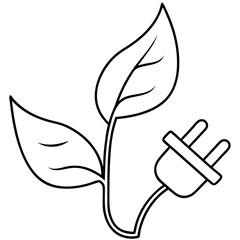 Fototapeta premium Green Energy Leaf with Plug Electric Themed Icon Line Art Vector Illustration Design