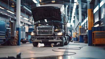 Semi-truck with open hood undergoing maintenance at a service bay.