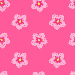 Hibiscus Pink Flower Seamless Pattern. Bright Vibrant Floral Blossom Background with hand drawn petals. Fabric print. Flat vector illustration with nature ornament