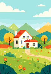 Fototapeta premium Cartoon House with Red Roof in Green Mountain Landscape