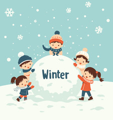 Cartoon kids building a giant snowball in winter snow scene