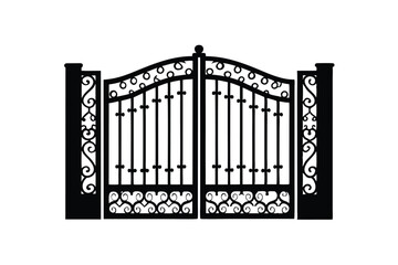 Elegant Wrought Iron Gate Design Vector Illustration Black Silhouette Intricate Ornamental Details On White Background For Architectural Projects