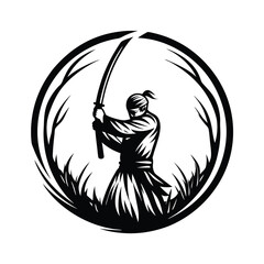 Ninja Warrior in Circle Silhouette with Sword, Japanese Martial Arts, Isolated on White
