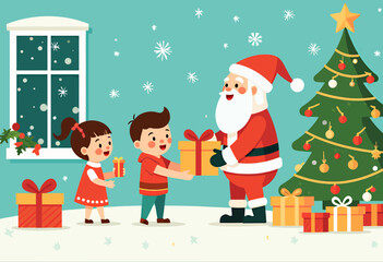 Fototapeta premium Cartoon Santa Giving Gifts to Children by Christmas Tree