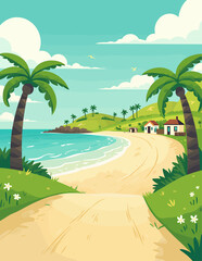 Fototapeta premium Cartoon Tropical Beach with Palm Trees and Houses