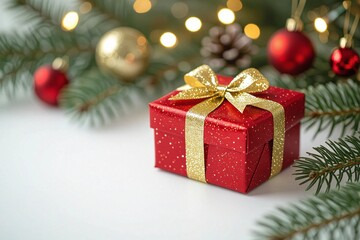 Christmas gift box and fir branches on white background with bokeh