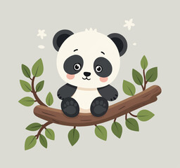 Cute Panda Cub Sitting on a Branch with Leaves