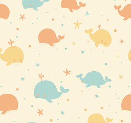 Cute pastel whale and starfish seamless pattern