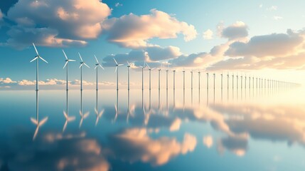 Offshore wind turbine installation coastal waters hyperrealistic render sunrise environment panoramic view renewable energy concept