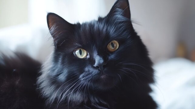Close-up portrait of a long-haired black cat with golden eyes, looking directly at the camera.