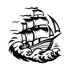 Silhouette of Ship Sailing on a Stormy Sea Detailed Black and White