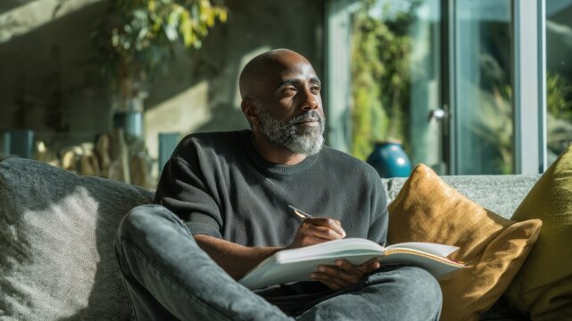 Thoughtful man writing in a journal at home, enjoying peaceful self-reflection.