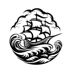 Silhouette of Sailing Ship amidst Turbulent Ocean Waves and Stormy Clouds Design