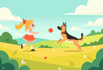 Fototapeta premium Girl playing ball with a German Shepherd outdoors
