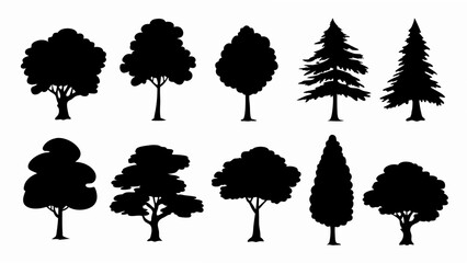 set of different tree silhouette vector on white background