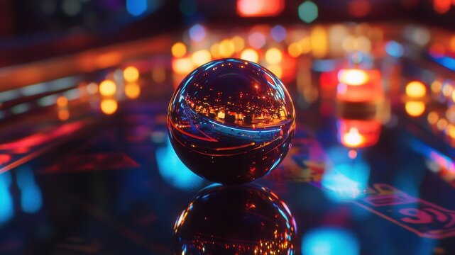 Close-up of a pinball resting on an arcade table, neon lights reflected.