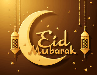 Golden Eid Mubarak crescent moon with lanterns and stars