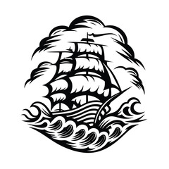Stylized Ship Silhouette Navigating Stormy Seas in Black and White Tribal Ornament