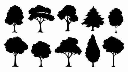 set of different tree silhouette vector on white background