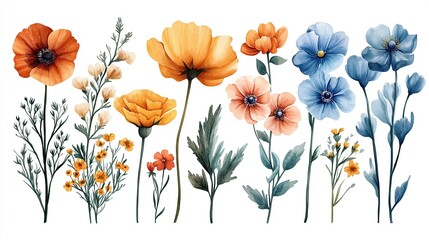 Naklejka premium Hand-drawn watercolor style flower elements including blooms, branches, and foliage, flat lay vector set, soft vintage aesthetic 