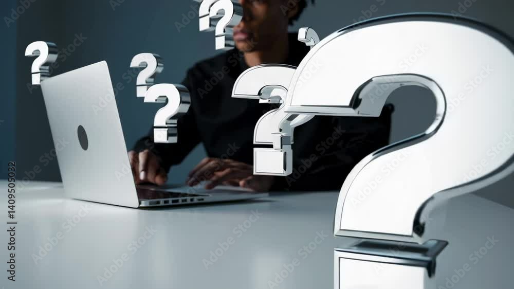 Poster Businessman works on laptop with several metallic question marks floating around, symbolizing uncertainty, decision making, and problem solving in business context
