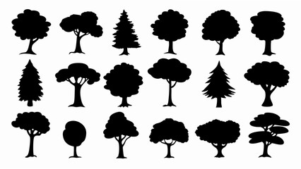 set of different tree silhouette vector on white background