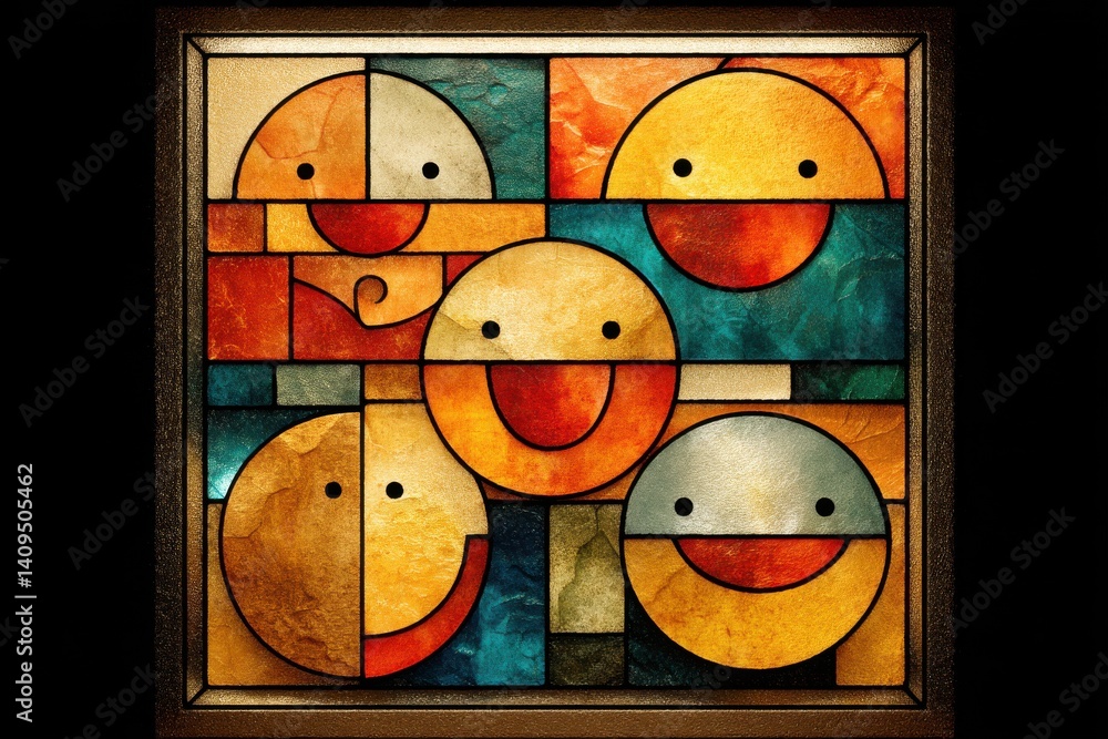 Poster a vibrant and stylized graphic of smiling faces composed of geometric shapes, creating a modern and 