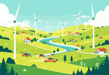 Green Hills with Wind Turbines, Orange Cars, and River