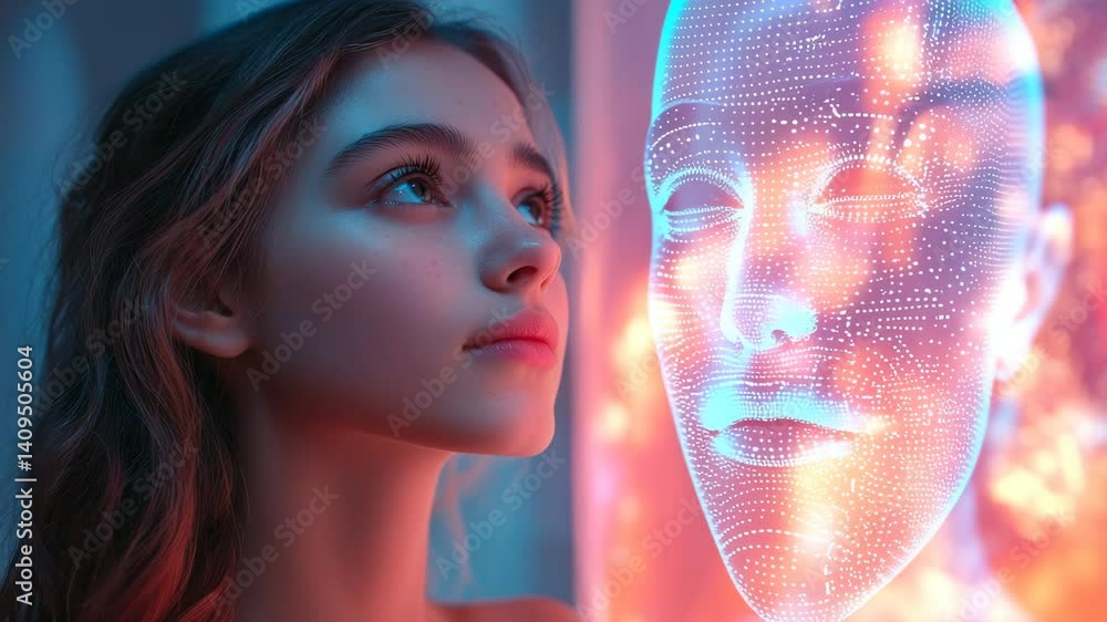 Poster exploring the connection between human emotions and digital faces in a futuristic setting