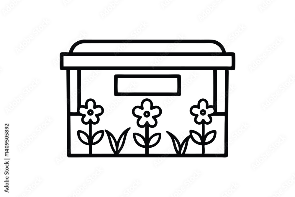 Poster minimalist outline icon of a flower box with three flowers simple and creative design element for sp