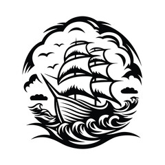 High Seas Voyage Silhouette Ship amidst Ocean Waves, Clouds, and Flying Birds Round Art