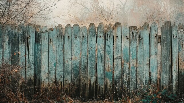 Old, weathered, blue wooden fence with a misty background of trees.