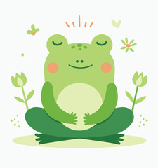 Fototapeta premium Meditating Green Frog with Flowers Cartoon Illustration