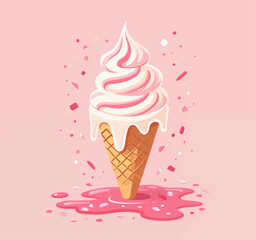 Melting pink swirl ice cream cone with sprinkles
