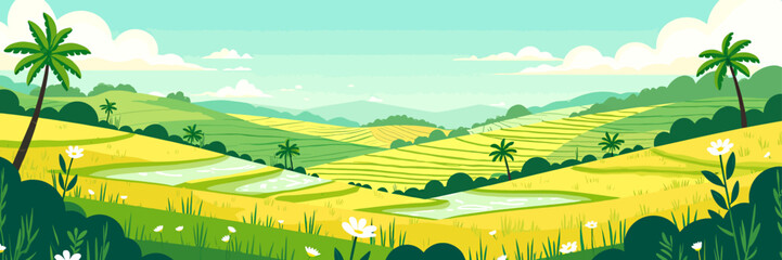 Fototapeta premium Lush Green Rice Terraces with Palm Trees and White Flowers
