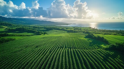 Serene sunrise over expansive green fields along the tranquil coastline in a tropical paradise