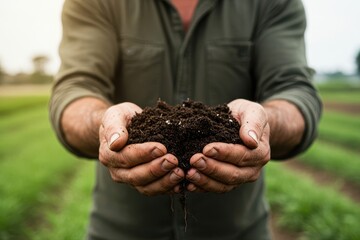 Farmer holding soil in hands close-up. Farmers' experts check soil conditions before planting seeds or seedlings. Business idea or ecology environmental concept Farmer holding soil in hands close-up. 