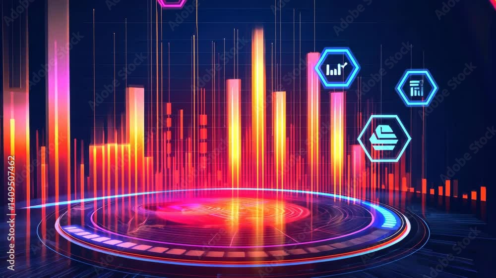 Poster Futuristic data visualization with glowing charts and icons.