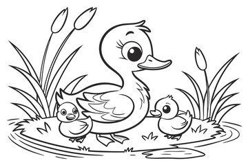 Funny cartoon animals and fish coloring page for kids, a vector illustration with bird silhouette and floral design elements