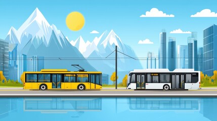 City buses transportation icons set urban environment digital art gigapixel standard modern landscape view