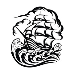 Black and White Silhouette Antique Ship Amidst Rough Seas & Turbulent Clouds