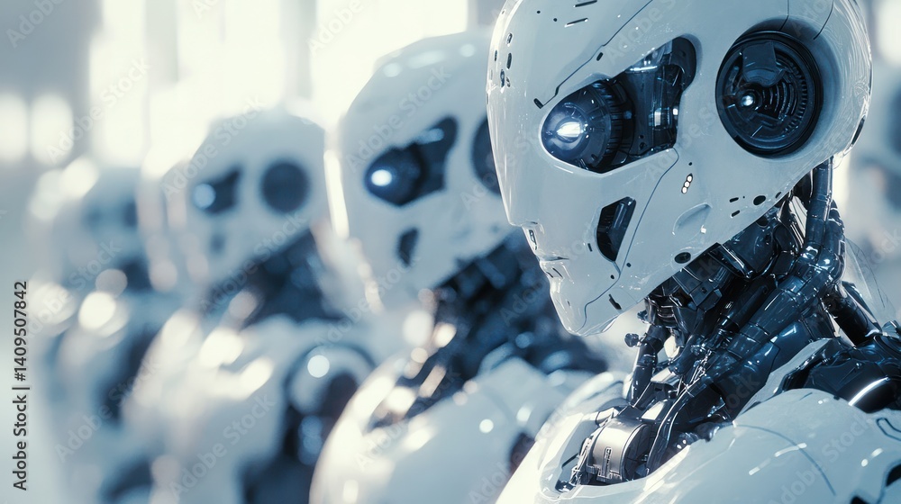 Poster assembly line of futuristic humanoid robots standing in perfect sync